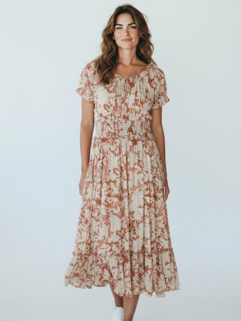 Old Navy Cream Floral Smocked Waist Midi Dress M Petite